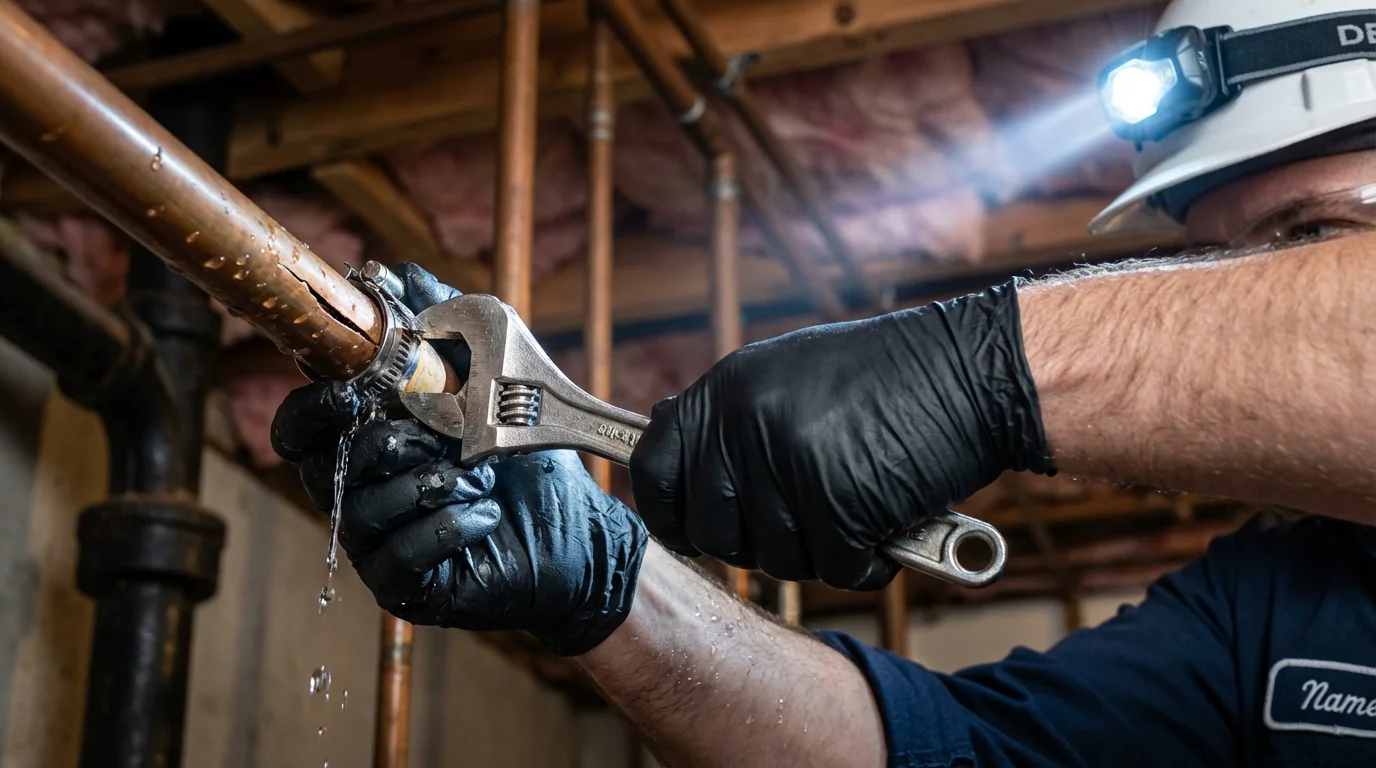 Emergency pipe clamp repair being performed by a Johns Plumbing LLC plumber in Poway