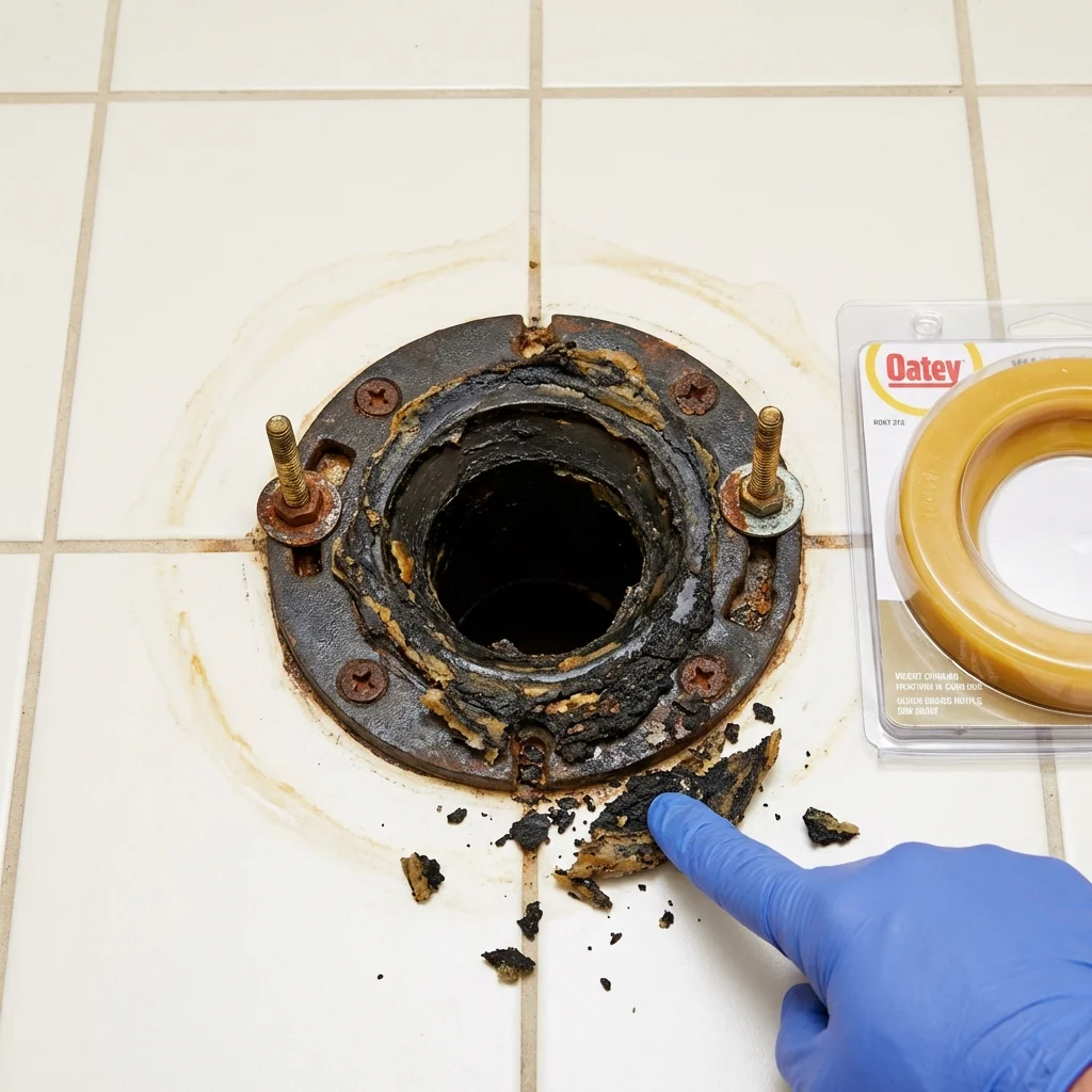Failed wax ring showing water seepage at the base of a toilet in a Poway, CA home